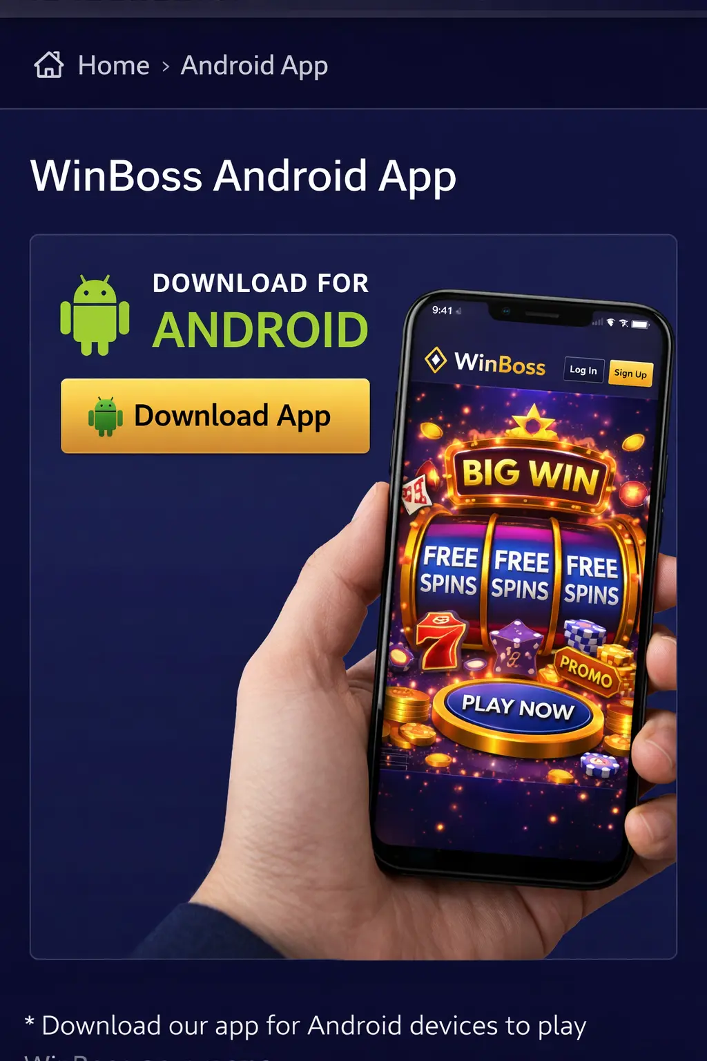 Застосунок WinBoss казино для Android зі сторінкою завантаження та мобільного встановлення