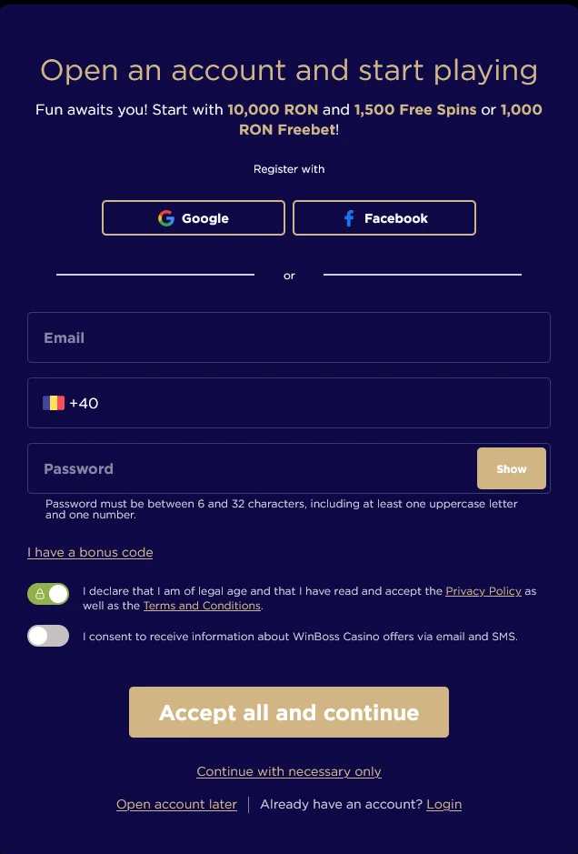 Форма реєстрації на сайті WinBoss для створення нового акаунта